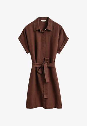 Vestito corto marrone in lino con maniche corte, collo, davanti con bottoni e cintura in tessuto abbinato annodata in vita.
