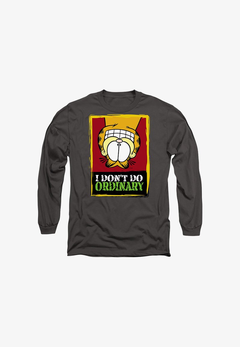 Langarm-Graues T-Shirt mit einem bunten Cartoon-Design, das ein großes lächelndes Gesicht zeigt und den Text "ICH MACH NICHTS GEWÖHNLICH" in kräftigen Farben.
