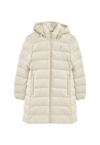 Kremfarvet quiltet lang puffervest med hætte, lynlås foran, sidelommer og lille broderet logo på brystet.