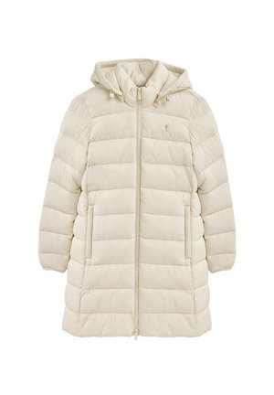 Kremfarvet quiltet lang puffervest med hætte, lynlås foran, sidelommer og lille broderet logo på brystet.