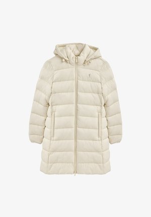 Cremefarbener, gesteppter langer Steppmantel mit Kapuze, Frontreißverschluss, Seitentaschen und kleinem, gesticktem Logo auf der Brust.