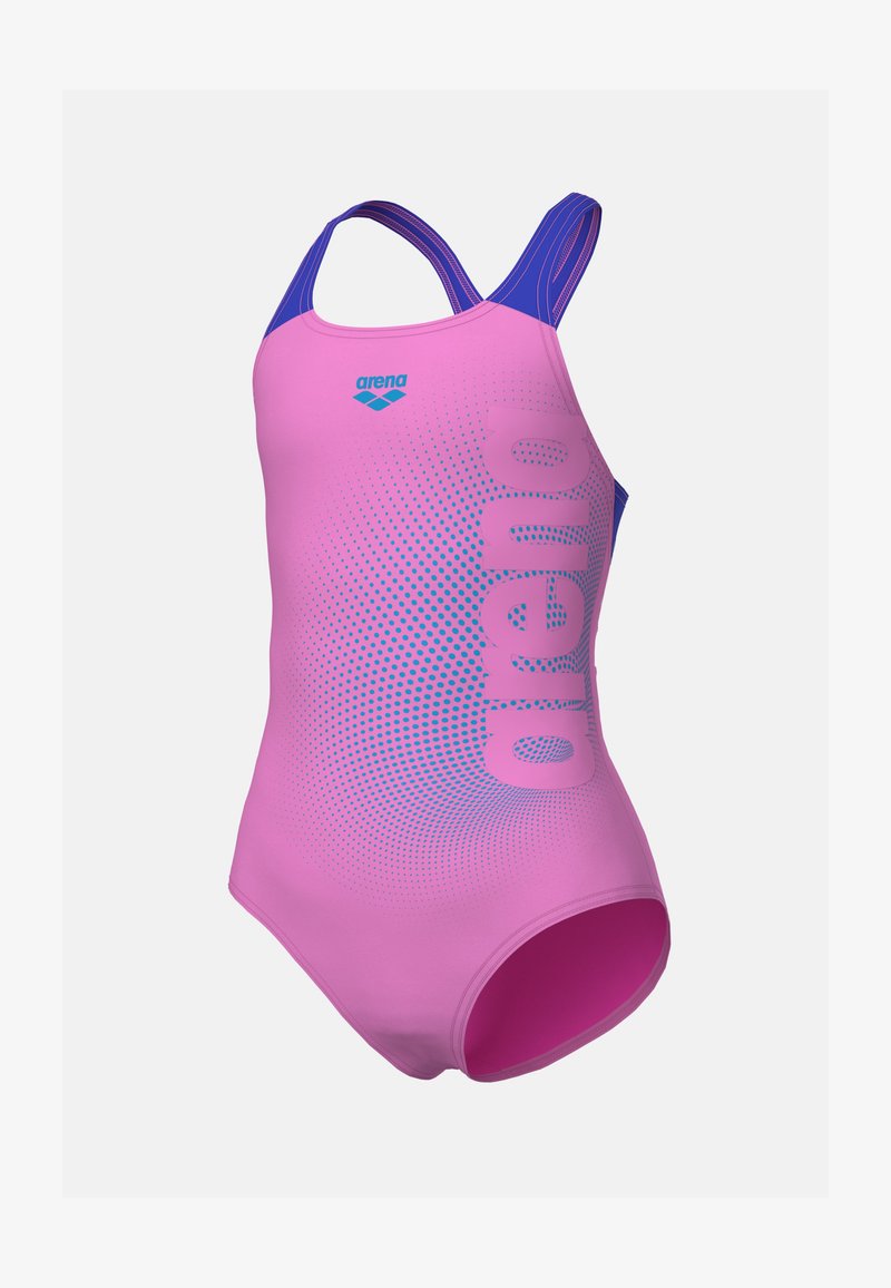 Rosa baddräkt i ett stycke med ett blått accentband. Har ett gradient prickmönster och logotryck på framsidan. Slätt, stretchigt material.