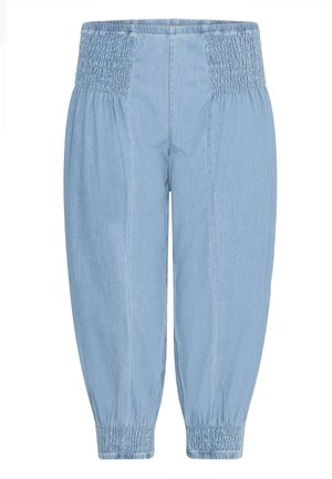 Helesin sinised lühikeste pükste, mis on valmistatud denimist. Omavad räbaldunud vööd ja varrukaääri, eristuvad lõdva istuvuse ja siledama tekstuuriga.