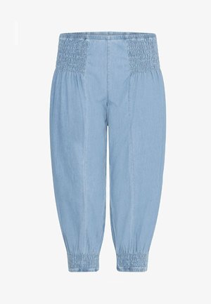 Pantaloni cropped azzurri chiari in denim. Presentano una vita arricciata e polsini, con una vestibilità rilassata e una texture liscia.