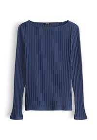 Navy ribbed long-sleeve top with a wide neckline and flared cuffs. Soft, textured fabric with a fitted silhouette.