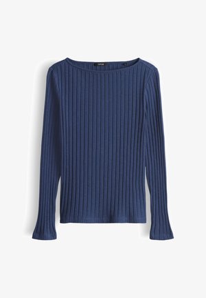 Navy ribbed long-sleeve top with a wide neckline and flared cuffs. Soft, textured fabric with a fitted silhouette.