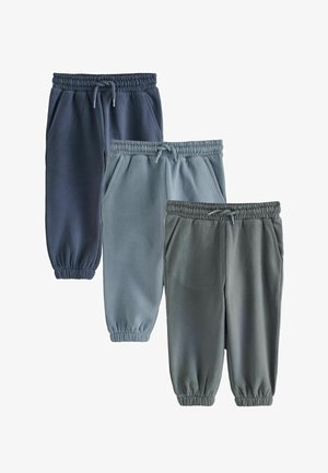 Tre par fleece joggerbukser i mørkeblå, lyseblå og grå, hver med elastiske taljebånd, snøre, sidelommer og elastiske manchetter.