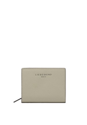 Portafoglio in pelle grigio chiaro con texture, chiusura con zip, marchiato "Liebeskind Berlin" al centro davanti.