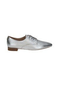 Chaussures en cuir métallisé argenté à lacets avec un bout pointu, texture lisse, détails de couture minimalistes et un petit talon en bois.