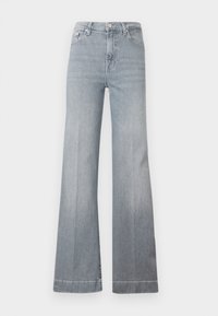 Světle šedé, vysoké rozšířené dž�íny z denimu. Obsahují pět kapes, přední zapínání na knoflík a čistý lem s jemným vyblednutím na nohavicích.
