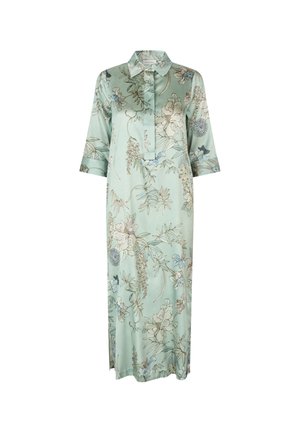 Helles teal Samtkleid mit Kragen, Dreiviertelärmeln und botanischen Blumenmustern in sanften Farben. Midilänge mit Seitenschlitzen.