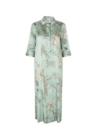 Satin-Kleid in Mintgrün mit floralem Muster. Verfügt über einen Kragen, Dreiviertelärmel und seitliche Schlitze für mehr Bewegungsfreiheit.