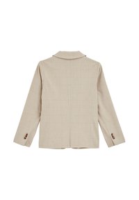 Beiger Blazer mit dezentem Karomuster, Reverskragen, langen Ärmeln und Knopfdetails an den Manschetten. Glatte Textur, taillierte Passform.