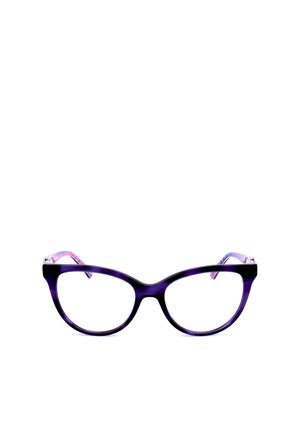Occhiali cat-eye viola con lenti traslucide e aste decorate in rosa e blu su sfondo bianco.