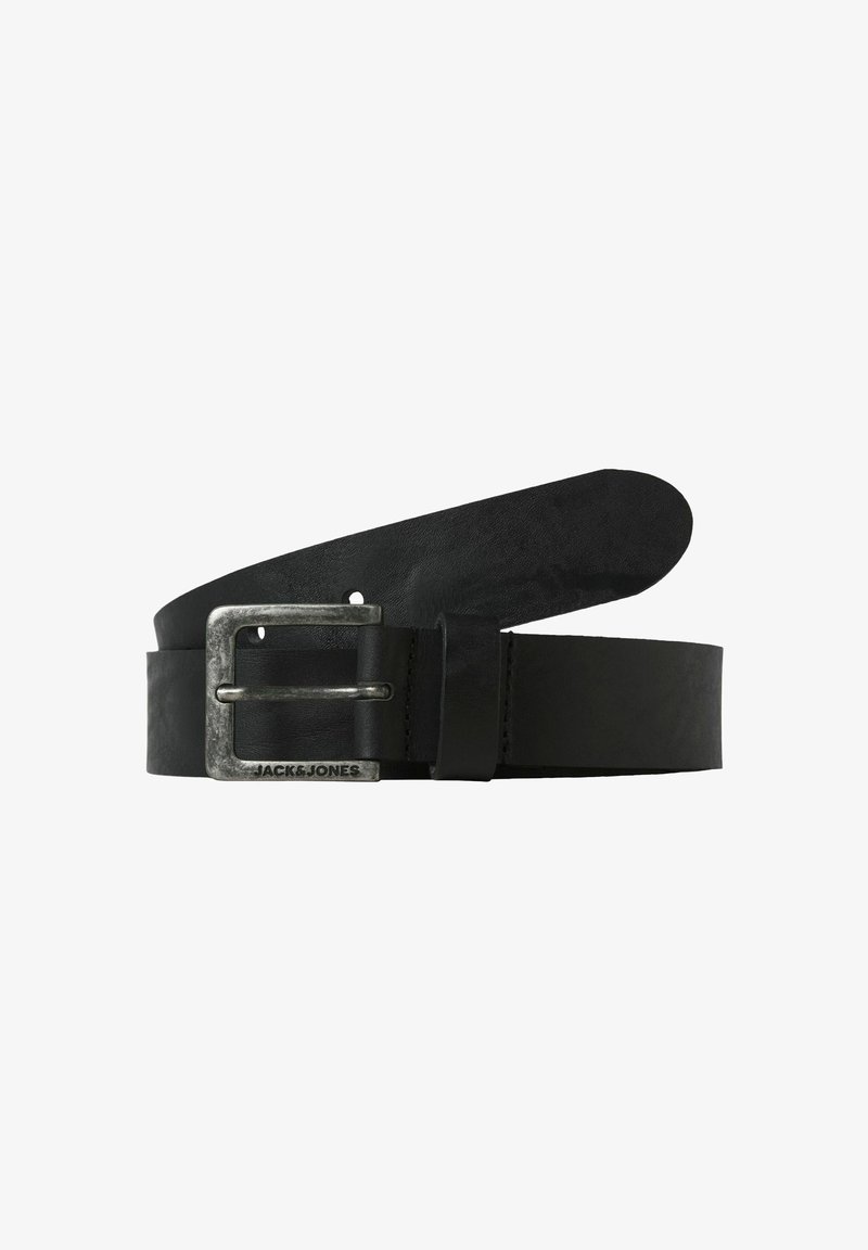 Black leather belt featuring a silver metal buckle with a distressed finish and a logo engraving, smooth texture, and classic design.
