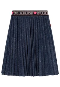 Plisovaná sukně z tmavě námořnické látky s metalickými odlesky. Pasový lem má růžový a černý text, který zvýrazňuje název značky.