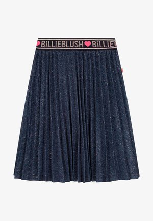 Plisseerok in donker marineblauwe stof met metallic vlekken. De tailleband heeft roze en zwarte tekst, die de merknaam accentueert.