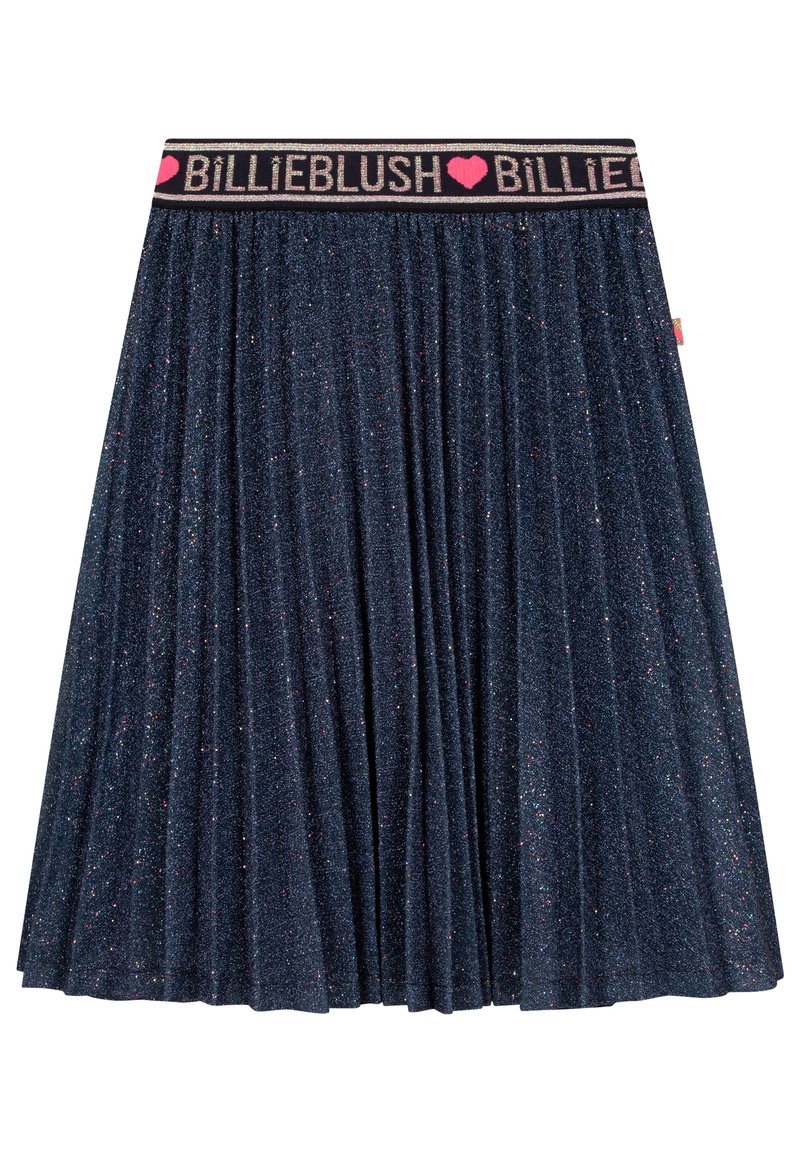 Plisovaná sukně z tmavě námořnické látky s metalickými odlesky. Pasový lem má růžový a černý text, který zvýrazňuje název značky.