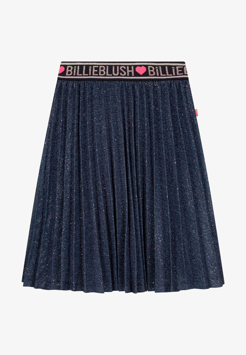 Plisovaná sukně z tmavě námořnické látky s metalickými odlesky. Pasový lem má růžový a černý text, který zvýrazňuje název značky.