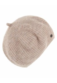 Light beige knitted beret with ribbed texture and a small top tab; features a subtle logo detail on the side.