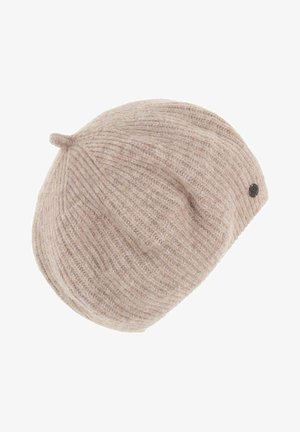 Light beige knitted beret with ribbed texture and a small top tab; features a subtle logo detail on the side.