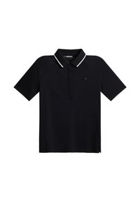 Svart polo med andningsbart tyg, som har en klassisk krage med vita accentstriper och korta raglansärmar. Diskret logotyp på bröstet.