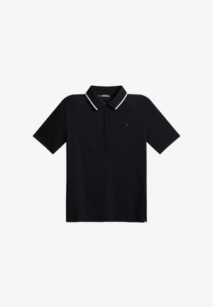 Zwarte poloshirt van ademende stof, met een klassieke kraag met witte accentlijnen en korte raglanmouwen. Discreet logo op de borst.