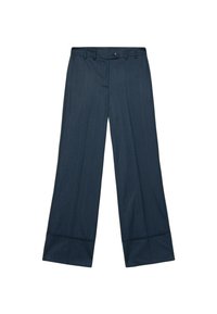 Pantalons larges bleu marine en tissu à fines rayures. Dotés d'une fermeture à bouton et d'un devant plat, avec une texture lisse.