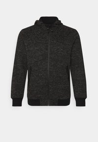 Sort, lynlås hoodie lavet af et tekstureret stof. Har en hætte med snore, sidelommer med lynlås og ribbede manchetter og søm.