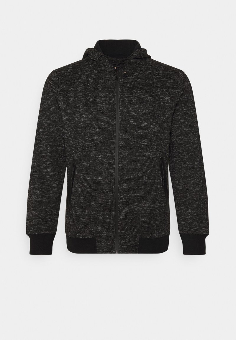 Sort, lynlås hoodie lavet af et tekstureret stof. Har en hætte med snore, sidelommer med lynlås og ribbede manchetter og søm.