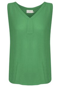 Top sin mangas verde con escote en V y un acabado texturizado; de longitud a la rodilla con un diseño recto y sin adornos.