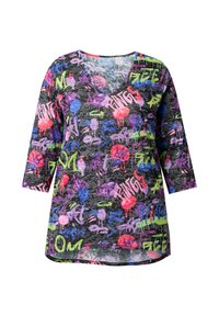 V-Ausschnitt, langärmliges Shirt mit schwarzem Grund und buntem Graffiti-Druck in pinken, blauen, lila, grünen und roten Spritzmustern.