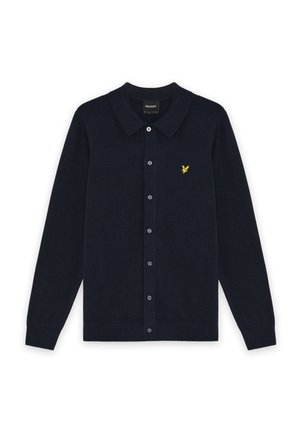 Cardigan a maniche lunghe blu navy con colletto, chiusura con bottoni sul davanti e piccolo logo di uccello giallo sul petto a sinistra.