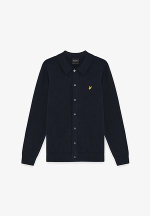 Cardigan a maniche lunghe blu navy con colletto, chiusura con bottoni sul davanti e piccolo logo di uccello giallo sul petto a sinistra.