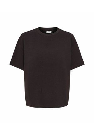 T-shirt noir à manches courtes avec col rond, coupe décontractée et texture tricotée sans coutures, présenté sur un fond blanc.