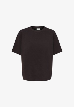 T-shirt noir à manches courtes avec col rond, coupe décontractée et texture tricotée sans coutures, présenté sur un fond blanc.