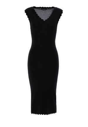 Vestido negro de punto con una silueta ajustada, bordes con forma de concha en el escote y el dobladillo, y un escote en forma de V. Textura suave.
