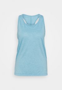 Ljusblå ärmlös linne med rund halsringning och racerback-design. Mjuk, lätt textur med minimala sömmar.