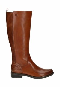 Botte en cuir marron jusqu'au genou avec une finition lisse, un panneau latéral texturé et une petite languette. Talon bas avec un bout rond.