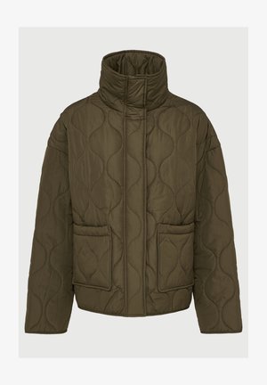 Veste rembourrée vert olive avec un col montant, dotée d'un motif matelassé ondulé, de deux poches avant et d'une coupe décontractée.