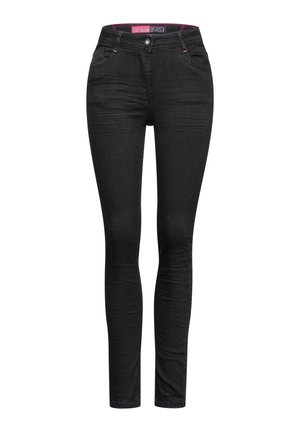 Jeans neri skinny realizzati in denim elasticizzato, con vita a media altezza, cinque tasche e cuciture rosa sui passanti e sulle cuciture.