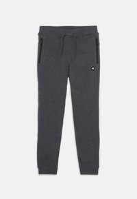 Grey jogger pants made of soft material, featuring a drawstring waist, two zippered side pockets, and a small logo accent.