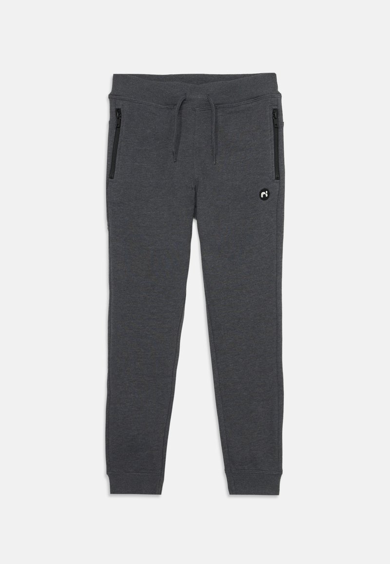 Grey jogger pants made of soft material, featuring a drawstring waist, two zippered side pockets, and a small logo accent.