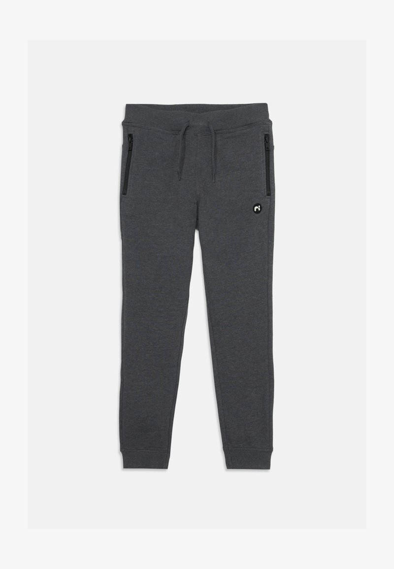 Grå joggebukser laget av mykt materiale, med strikk i livet, to glidelåslommer på sidene og en liten logo-accent.