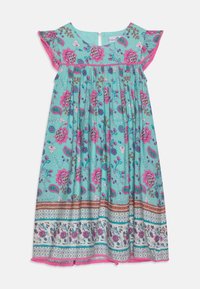 Turquoise dress with floral and paisley patterns. Short flutter sleeves, gathered bodice, and tiered hem with pink trim and accents.
