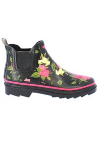 Black rubber Chelsea boots with a floral pattern in pink and green. Features pink trim, textured sole, and elastic side panels for fit.