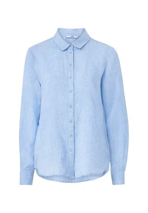 Chemise en lin bleu clair avec un boutonnage à l'avant, col pointu, manches longues et ourlet arrondi. Présente un tissu doux et texturé.