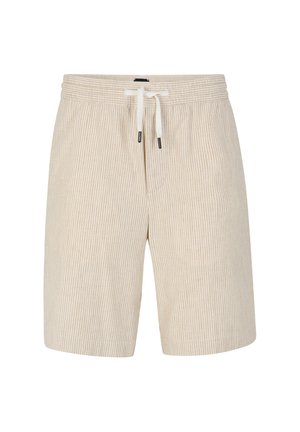 Gestreifte beige Shorts mit einem elastischen Bund und Kordelzug, aus weichem Stoff. Verfügt über seitliche Taschen und einen lockeren Schnitt.