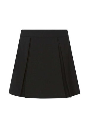 Mini-jupe plissée noire avec une ceinture droite et des plis inversés sur le devant et les côtés, présentée sur fond blanc.