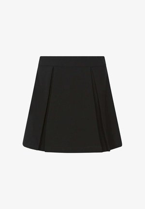 Mini-jupe plissée noire avec une ceinture droite et des plis inversés sur le devant et les côtés, présentée sur fond blanc.
